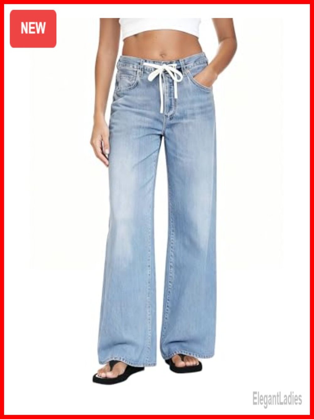 Wide Leg Jeans for Women High Waist Baggy Drawstring Denim Pants